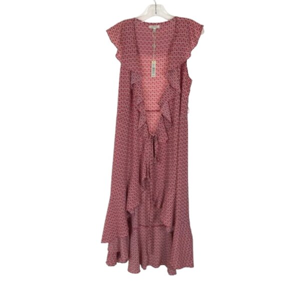 NWT Max Studio Womens Size Large Red Geometric Floral Ruffle Wrap Midi Dress NEW - Picture 4 of 7